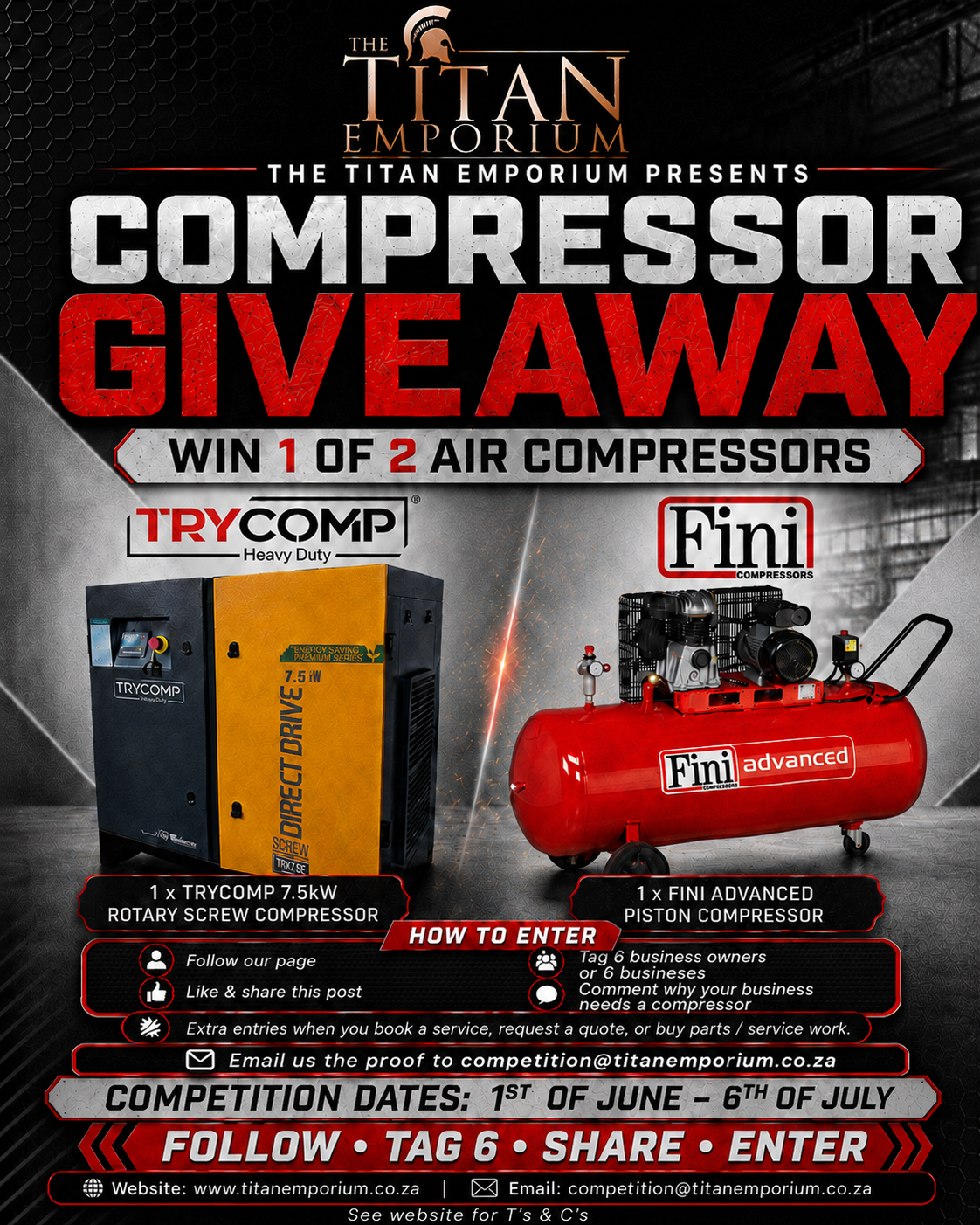 The Titan Emporium Compressor Giveaway poster featuring TryComp and FINI air compressors